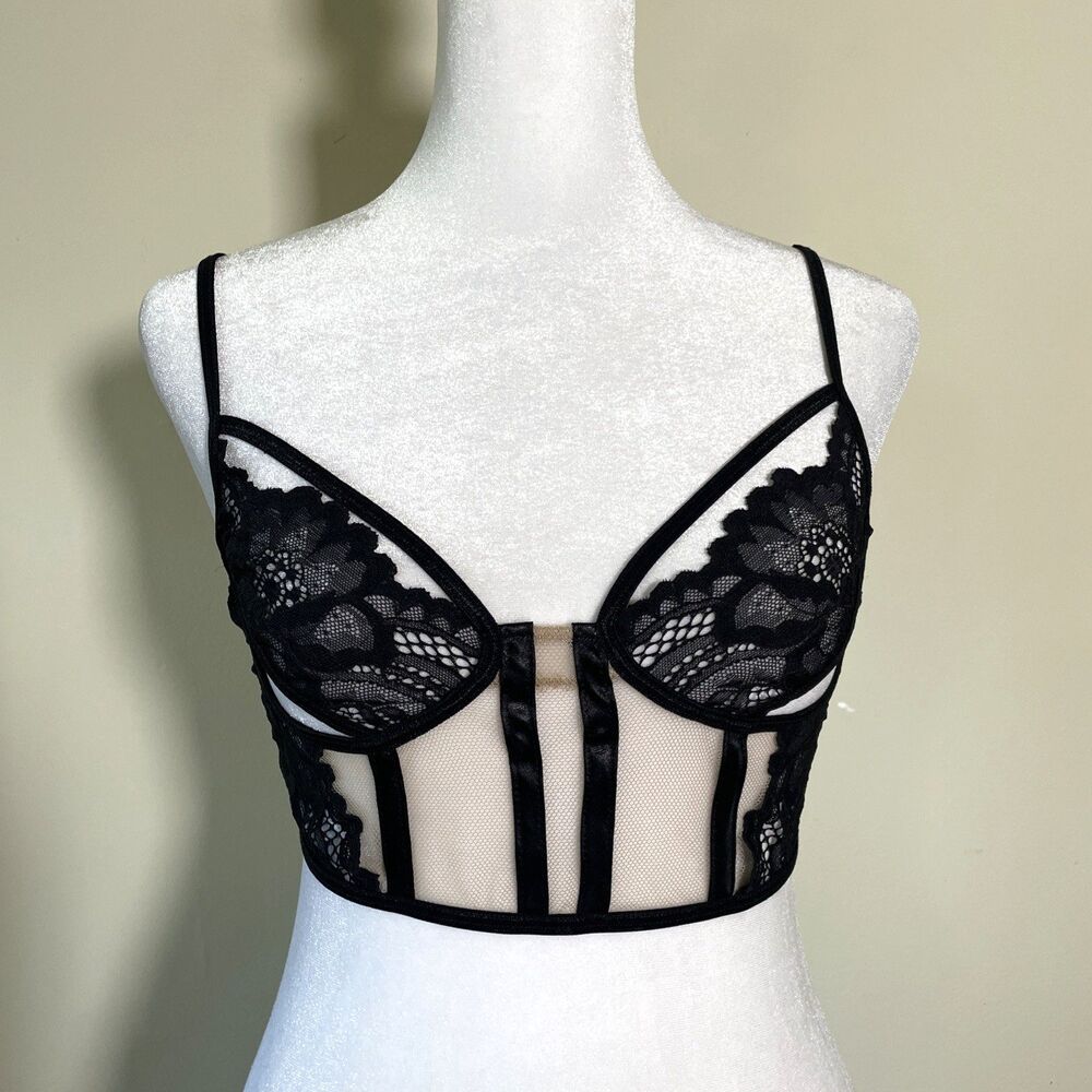 Mapale Women's Black Lace Bustier-Style Bralette Bra Size S / M Floral Sexy
